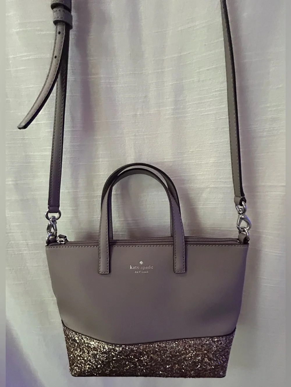 kate spade taupe glitter two-tone small satchel with gold sparkle